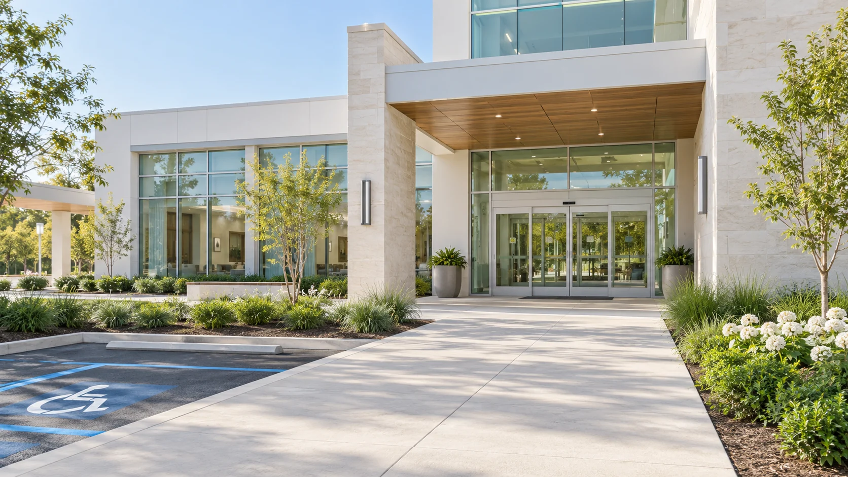 Illustrative arrival walkway and medical entrance