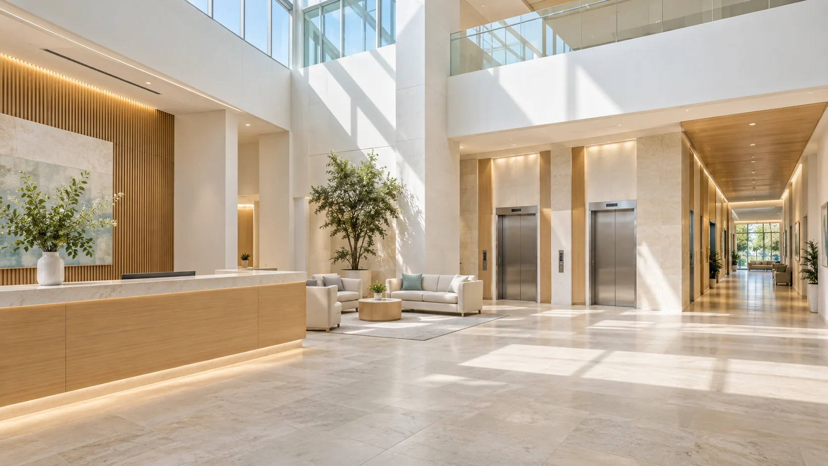 Light-filled illustrative medical building lobby